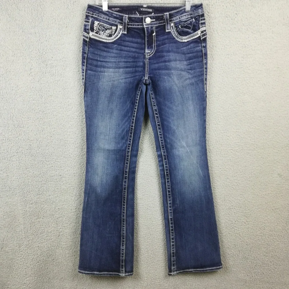 Vigoss Womens Jeans Chelsea Boot Cut Blue Denim Stone Wash Mid Rise 10